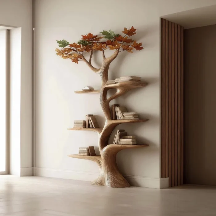 Custom Rustic Tree Bookshelf – Wall-Mounted Solid Wood Bookcase