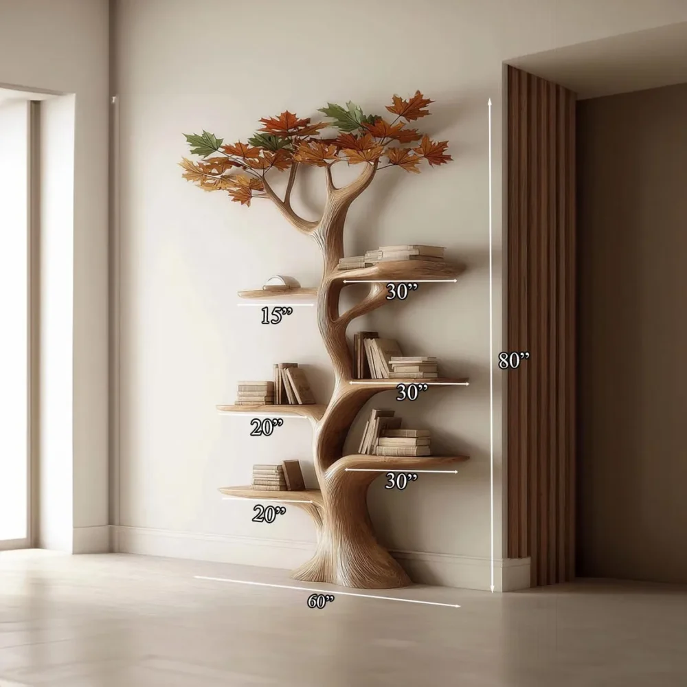 Custom Rustic Tree Bookshelf – Wall-Mounted Solid Wood Bookcase - Image 4