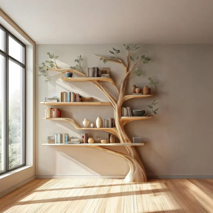 Rustic Wooden Tree Bookshelf – Wall-Mounted Bookcase Display