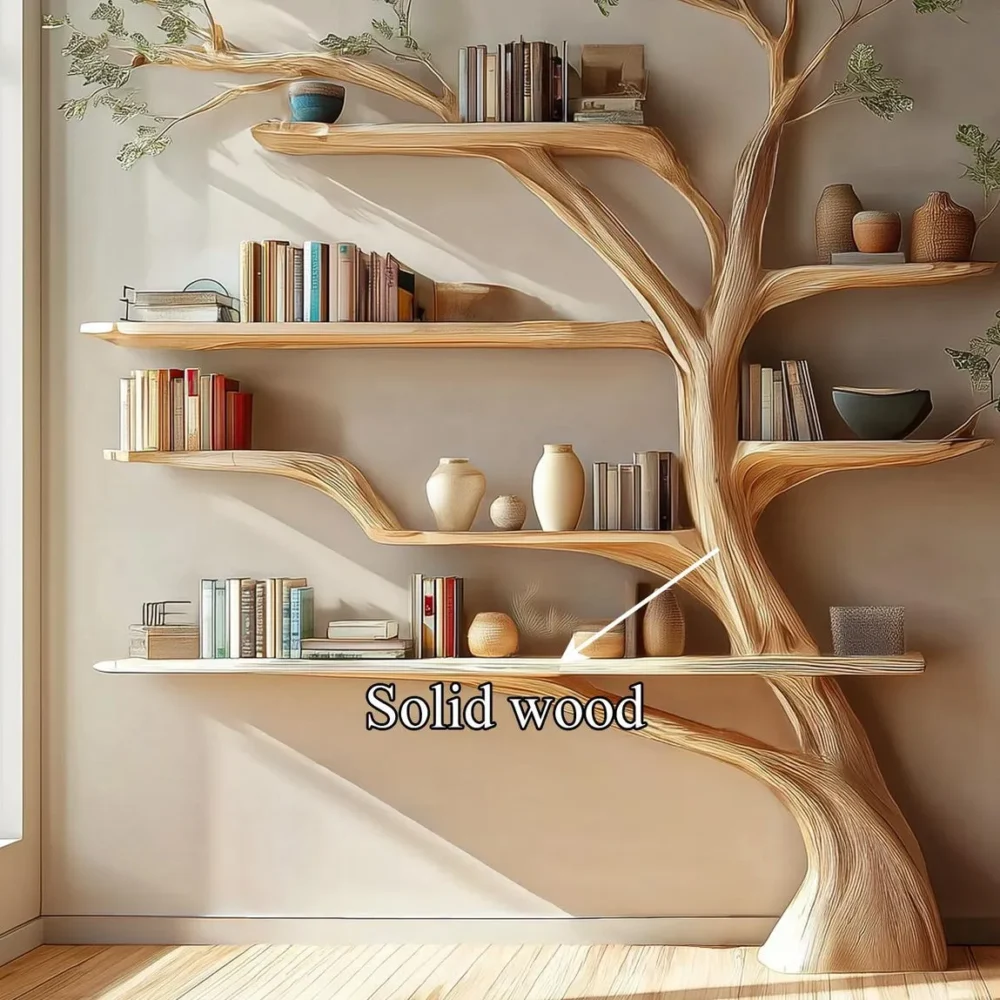 Rustic Wooden Tree Bookshelf – Wall-Mounted Bookcase Display - Image 3