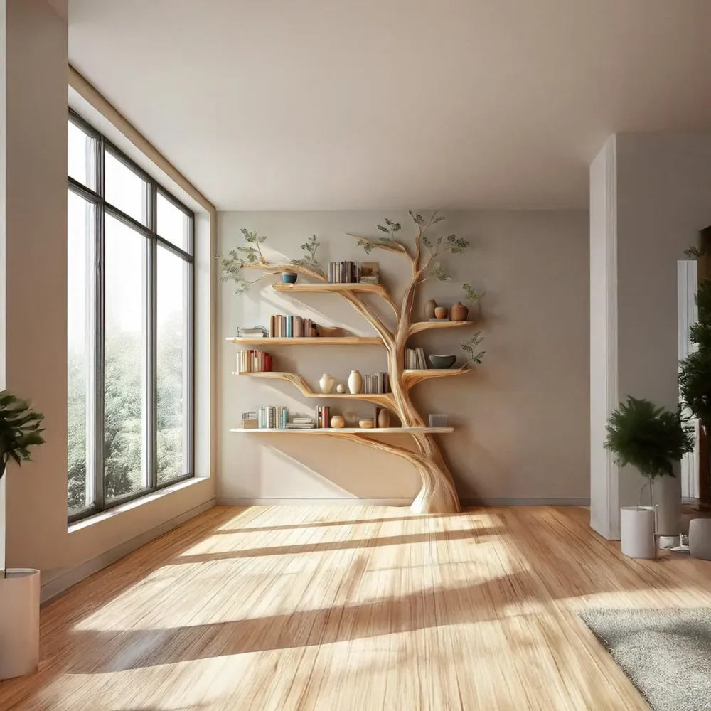 Rustic Wooden Tree Bookshelf – Wall-Mounted Bookcase Display - Image 7