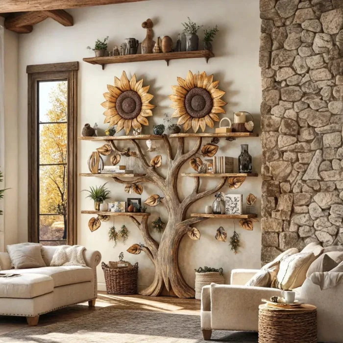 Sunflower Wooden Bookshelf – Wall-Mounted Floating Bookcase