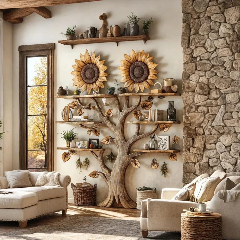 Sunflower Wooden Bookshelf – Wall-Mounted Floating Bookcase - Image 2