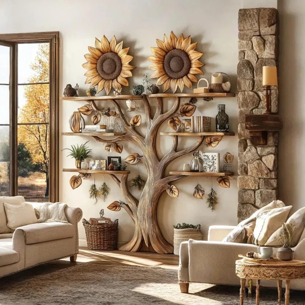 Sunflower Wooden Bookshelf – Wall-Mounted Floating Bookcase - Image 3
