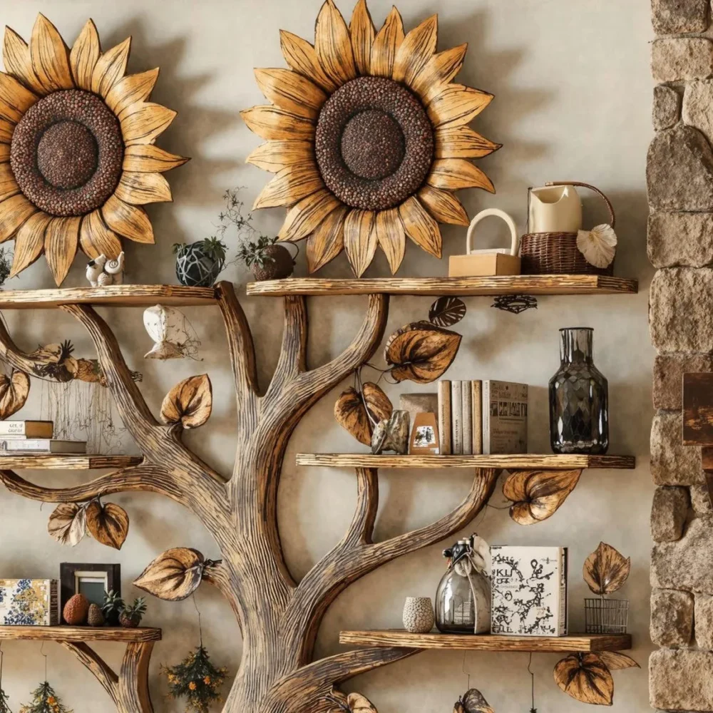 Sunflower Wooden Bookshelf – Wall-Mounted Floating Bookcase - Image 4