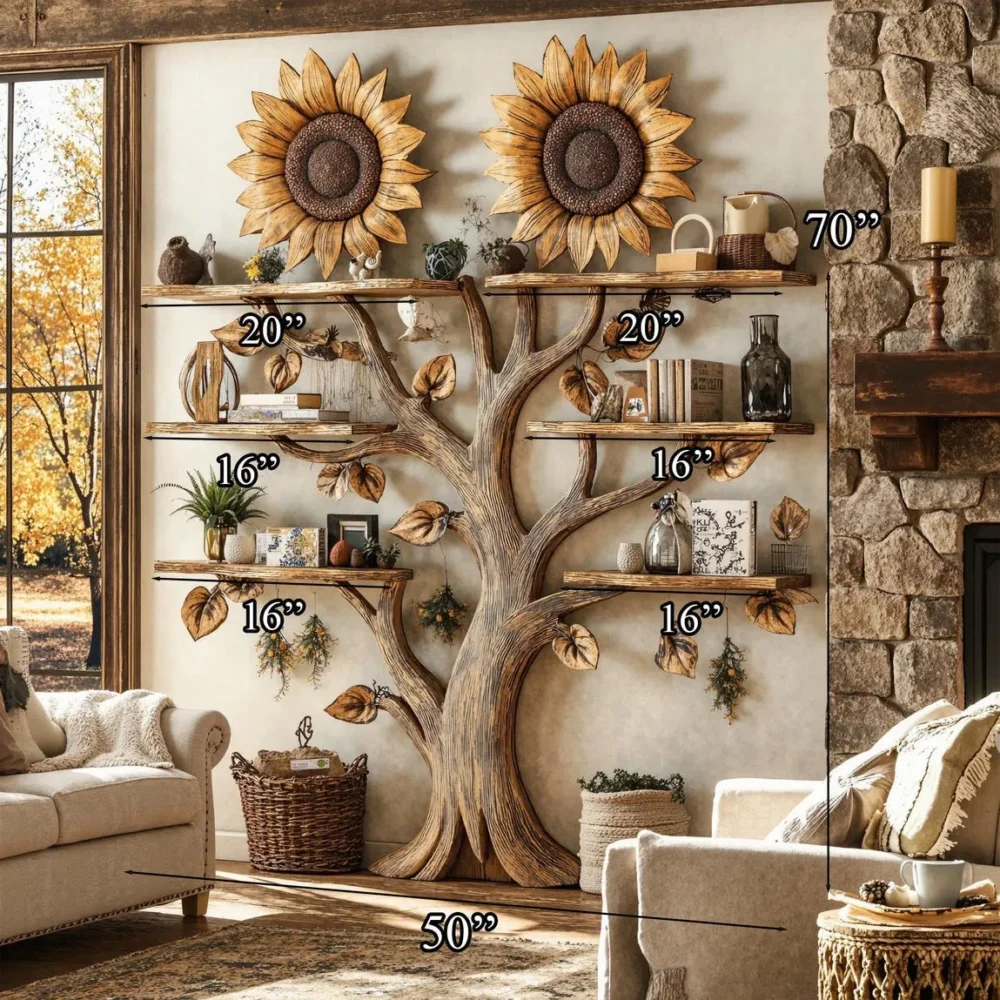 Sunflower Wooden Bookshelf – Wall-Mounted Floating Bookcase - Image 7