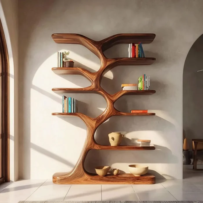 Rustic Solid Wood Tree Bookshelf – Floating Corner Shelf