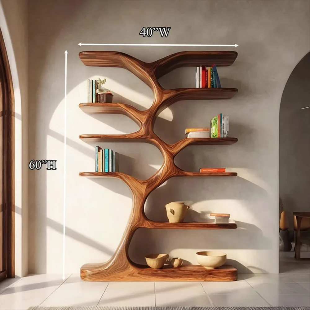 Rustic Solid Wood Tree Bookshelf – Floating Corner Shelf - Image 5